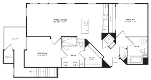 Floor plan for 2 beds, 2 baths, 1032 sqft