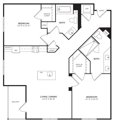 Floor plan for 2 beds, 2 baths, 1133 sqft