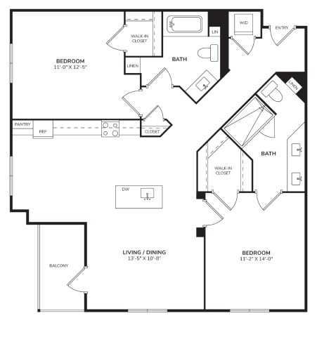 Floor plan for 2 beds, 2 baths, 1158 sqft