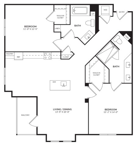 Floor plan for 2 beds, 2 baths, 1175 sqft