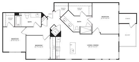Floor plan for 3 beds, 2 baths, 1353 sqft