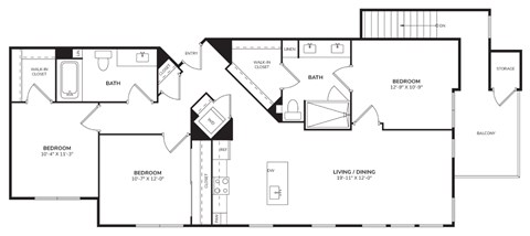 Floor plan for 3 beds, 2 baths, 1240 sqft