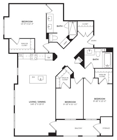 Floor plan for 3 beds, 2 baths, 1503 sqft
