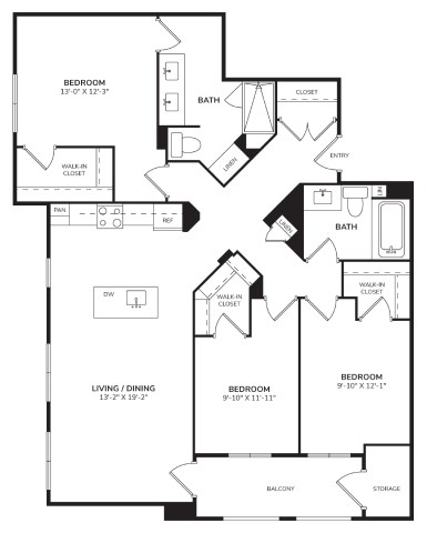 Floor plan for 3 beds, 2 baths, 1450 sqft