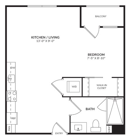 Floor plan for studio, 1 bath, 483 sqft