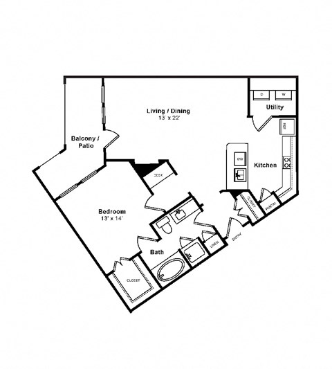 Floor plan for 1 bed, 1 bath, 896 sqft