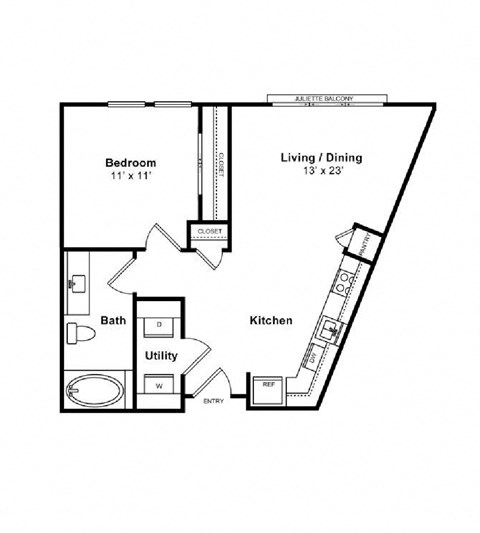Floor plan for 1 bed, 1 bath, 644 sqft