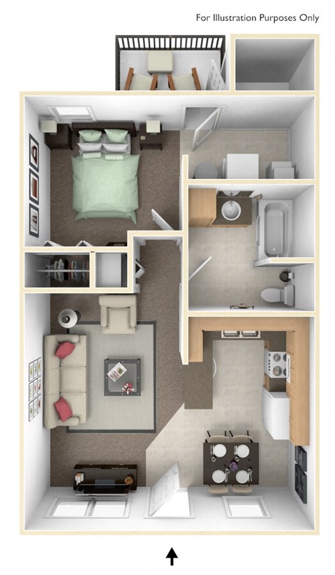 Floor plan for 1 bed, 1 bath, 624 sqft