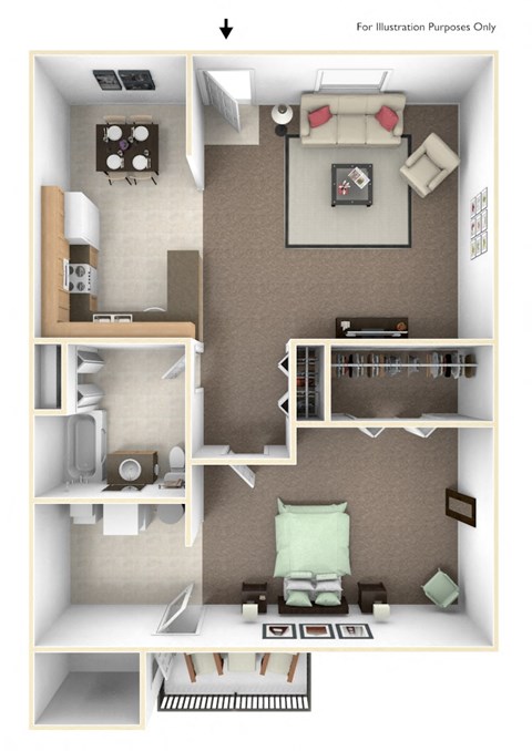 Floor plan for 1 bed, 1 bath, 767 sqft