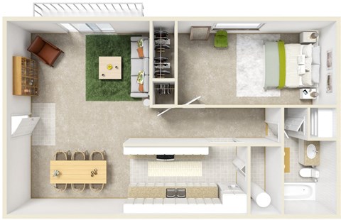 Floor plan for 1 bed, 1 bath, 730 sqft