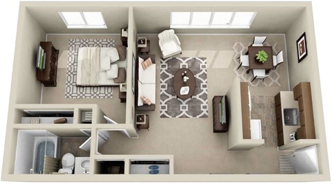 Floor plan for 1 bed, 1 bath, 607 sqft
