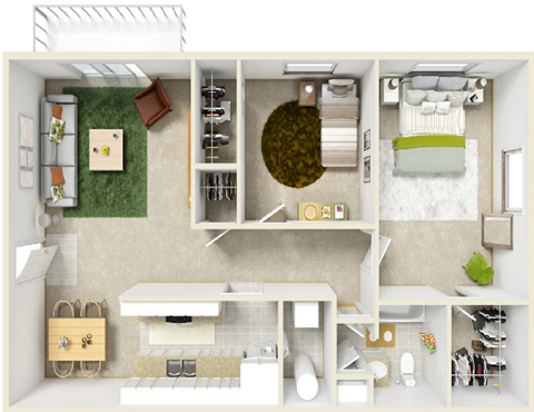 Floor plan for 2 beds, 1 bath, 935 sqft