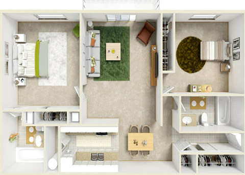 Floor plan for 2 beds, 2 baths, 980 sqft