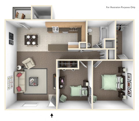 Floor plan for 2 beds, 1 bath, 998 sqft