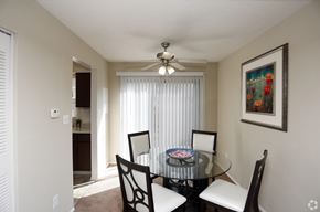 Indianapolis apartment for rent - A dining room with a glass table and chairs.