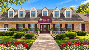 Indianapolis apartment for rent - The front of Abney Lake with a clear blue sky above.