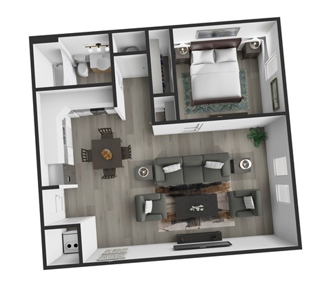 Floor plan for 1 bed, 1 bath, 672 sqft
