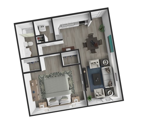 Floor plan for 1 bed, 1 bath, 840 sqft