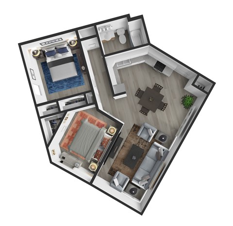 Floor plan for 2 beds, 1 bath, 896 sqft