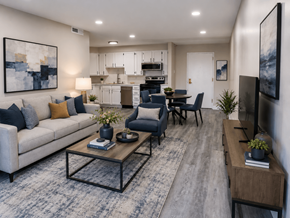 Aurora apartment for rent - A modern living room with a grey sofa, a coffee table, and a television.