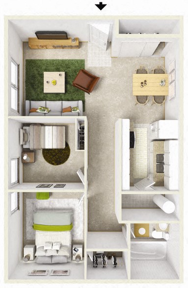 Floor plan for 2 beds, 1 bath, 850 sqft