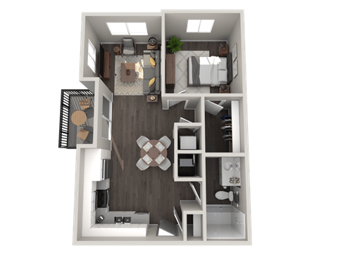 Floor plan for 1 bed, 1 bath, 633 sqft
