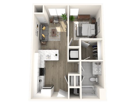 Floor plan for 1 bed, 1 bath, 588 sqft