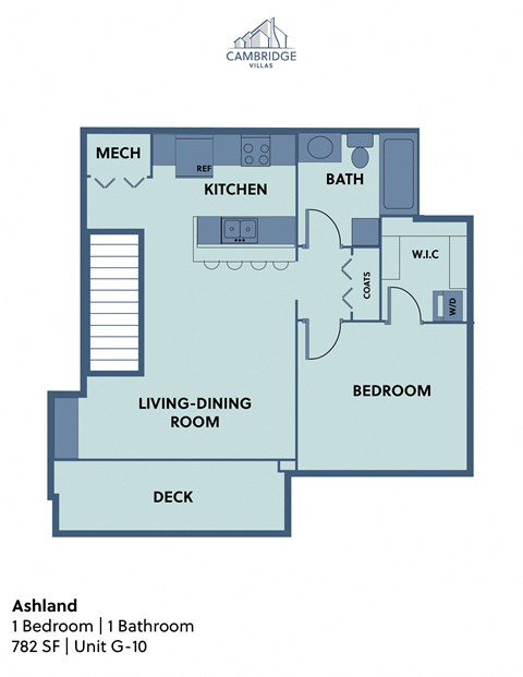 Floor plan for 1 bed, 1 bath, 782 sqft