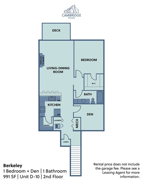 Floor plan for 1 bed, 1 bath, 991 sqft