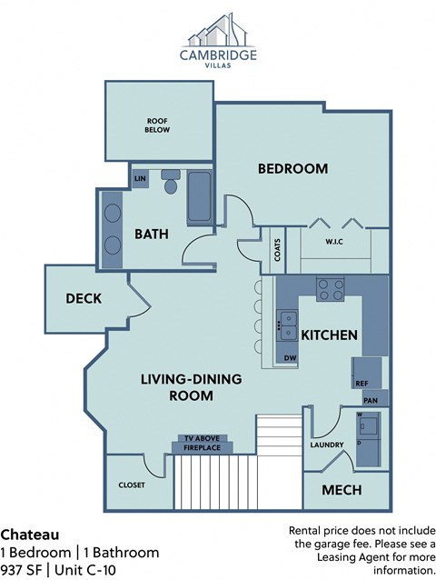 Floor plan for 1 bed, 1 bath, 937 sqft