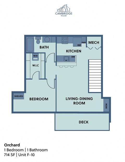 Floor plan for 1 bed, 1 bath, 714 sqft