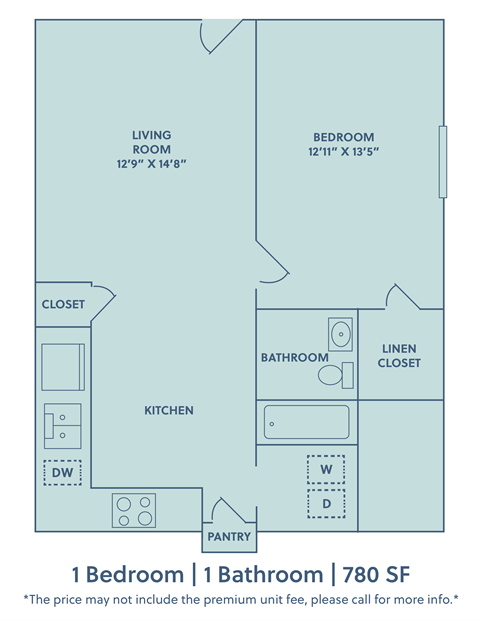 Floor plan for 1 bed, 1 bath, 780 sqft