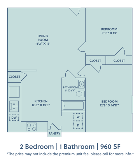 Floor plan for 2 beds, 1 bath, 960 sqft