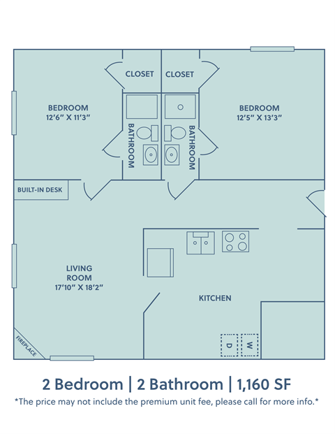 Floor plan for 2 beds, 2 baths, 1160 sqft