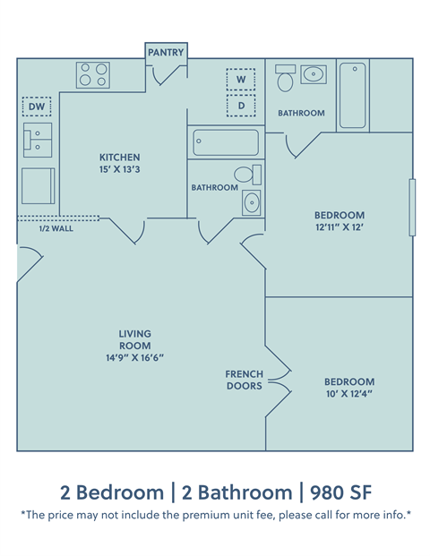 Floor plan for 2 beds, 2 baths, 980 sqft