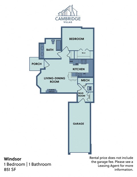 Floor plan for 1 bed, 1 bath, 851 sqft