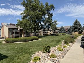 Omaha apartment for rent - Fox Run Apartments in Omaha, Nebraska near a grassy area with a stone walking path and mature tree