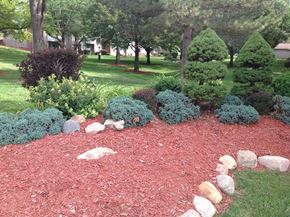 Omaha apartment for rent - Red mulch and lush green landscaping in the Muirfield Apartments complex.