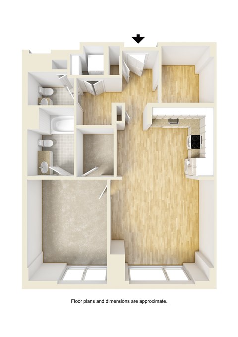 Floor plan for 1 bed, 1.5 baths, 910 sqft