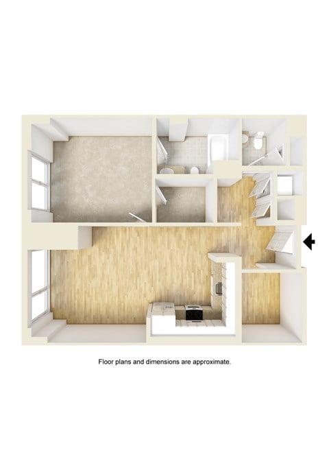 Floor plan for 1 bed, 1.5 baths, 843 sqft