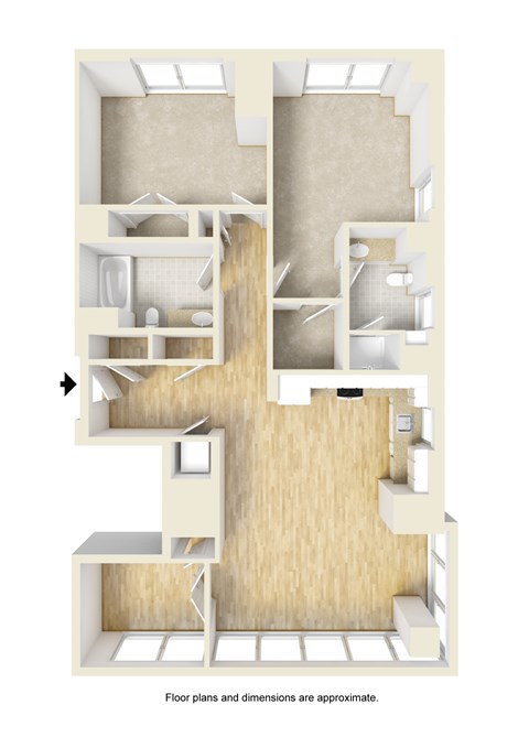 Floor plan for 2 beds, 2 baths, 1280 sqft