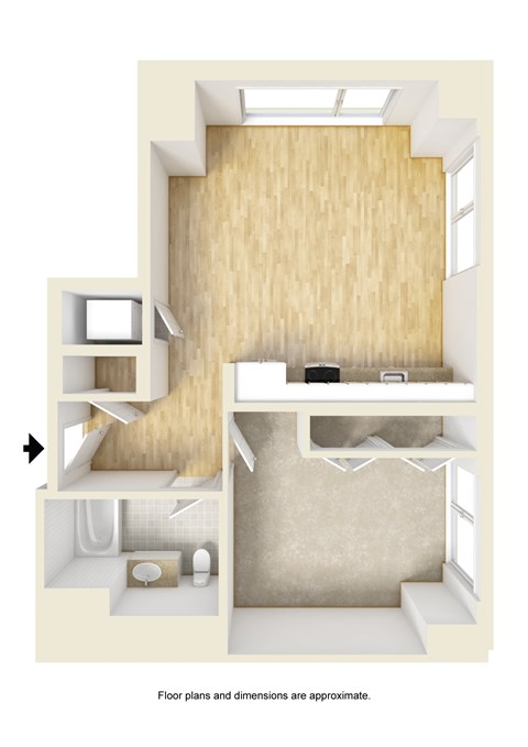 Floor plan for 1 bed, 1 bath, 695 sqft