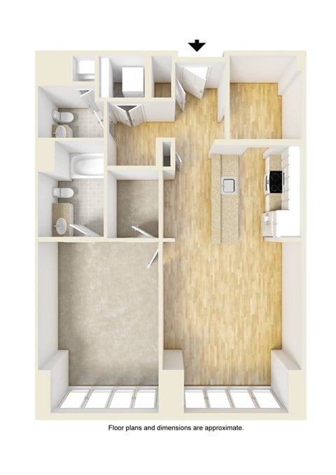 Floor plan for 1 bed, 1.5 baths, 905 sqft