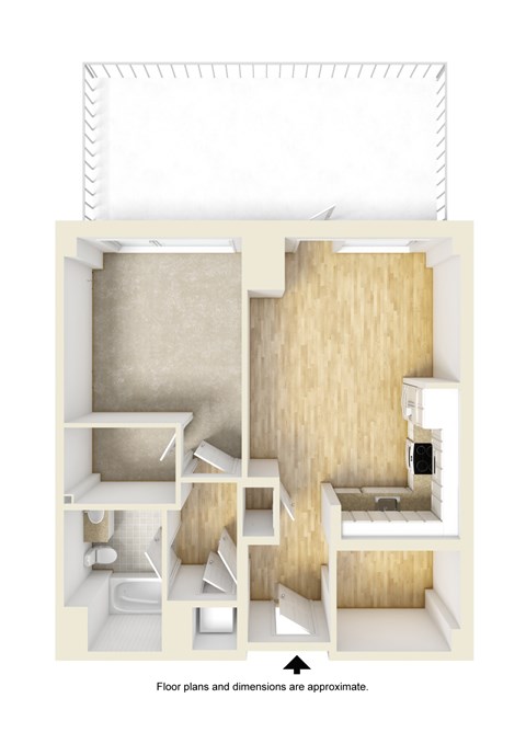 Floor plan for 1 bed, 1 bath, 749 sqft