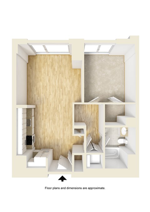 Floor plan for 1 bed, 1 bath, 761 sqft