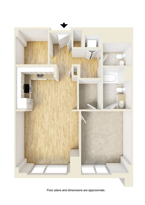 Floor plan for 1 bed, 1.5 baths, 908 sqft