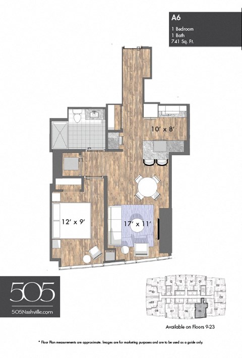 Floor plan for 1 bed, 1 bath, 741 sqft