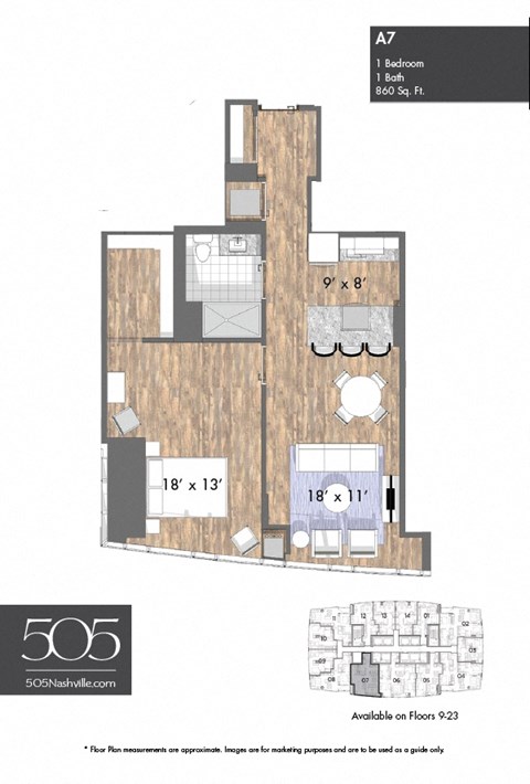 Floor plan for 1 bed, 1 bath, 860 sqft
