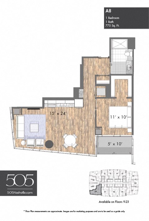 Floor plan for 1 bed, 1 bath, 775 sqft