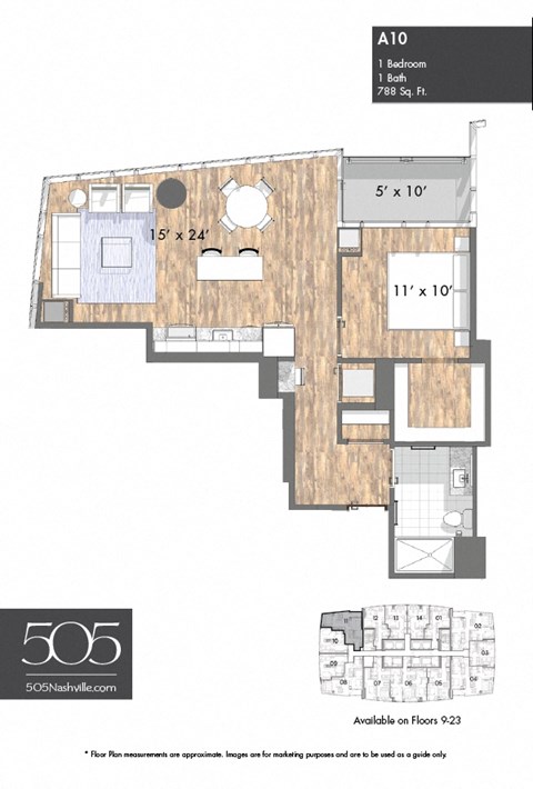 Floor plan for 1 bed, 1 bath, 788 sqft